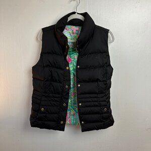 Lilly Pulitzer puffer vest; size L; black outside; Lilly colorful design lining
